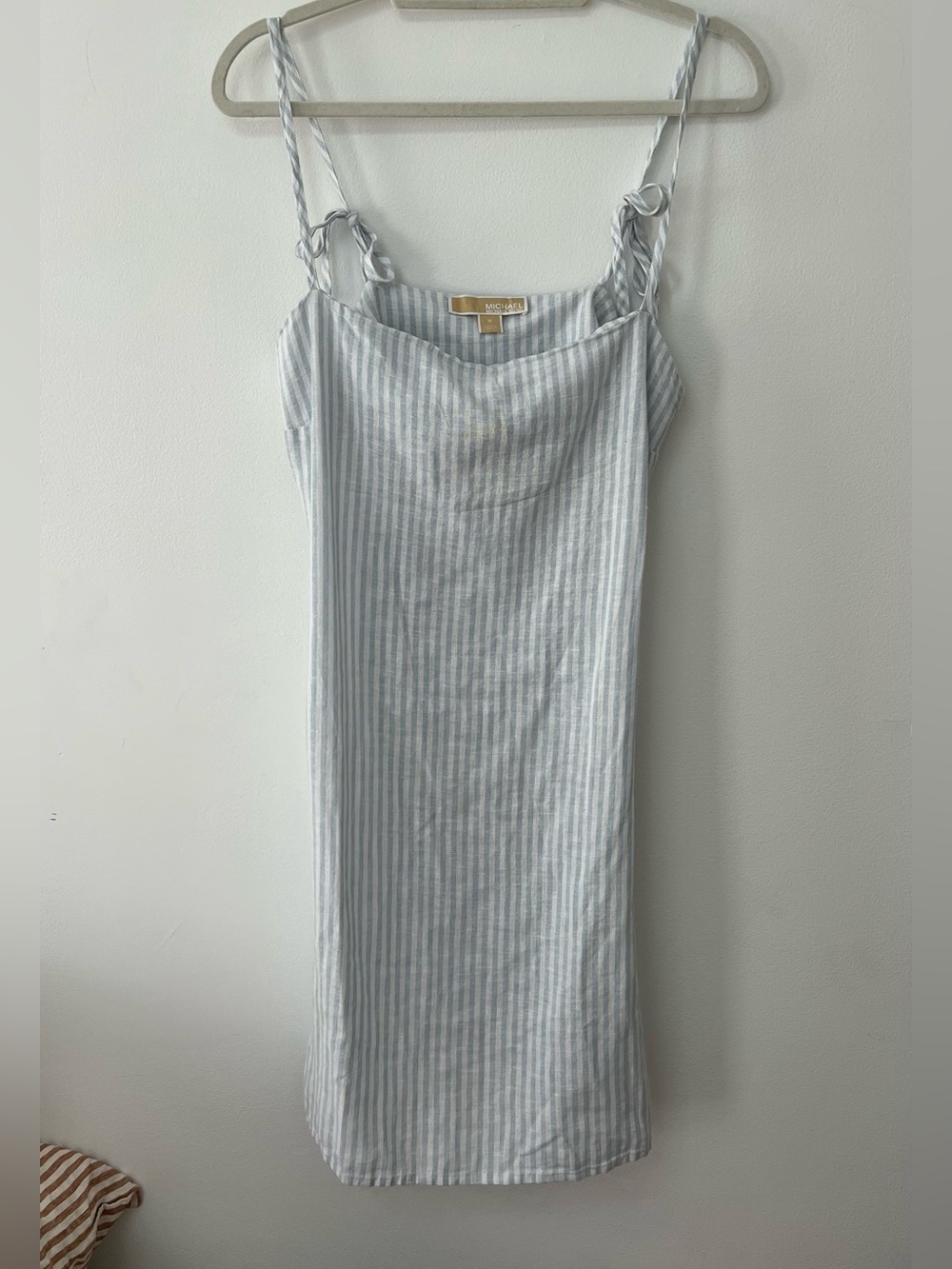 Michael Kors Light Blue & White Striped Linen Blend Midi Dress